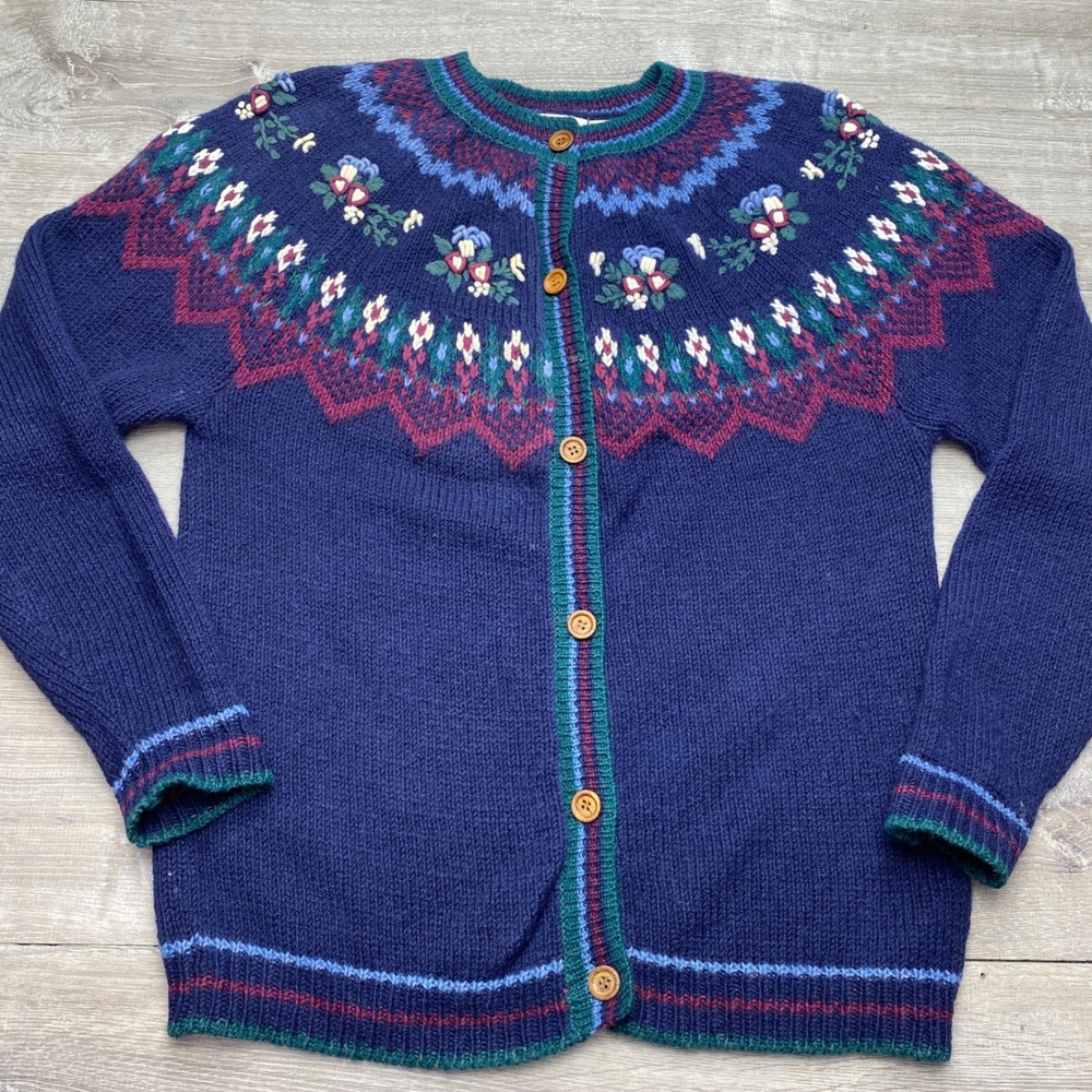 Northern Reflections Cardigan Sweater Womens Medium Blue Cotton Wool‎ Fair Isle